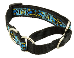 webbing restraint, material training, material martingale, stainless d-ring, 1" wide, nylon webbing, unique patterns, brilliant designs, training collars, martingale collar, bright patterns, Canadian made, first nation inspired patterns