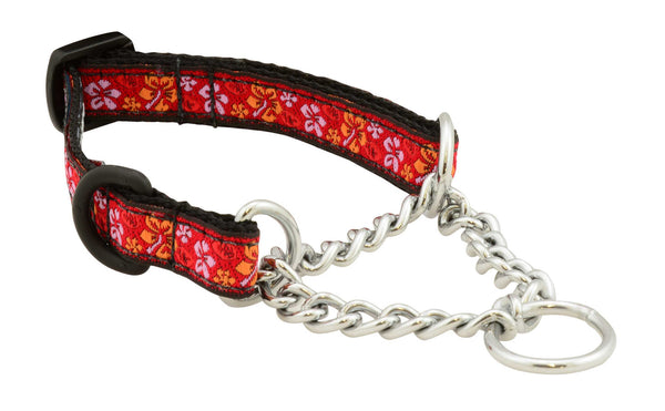 Herm Sprenger chains, stainless d-ring, 1/2" wide, nylon webbing, unique patterns, brilliant designs, training collars, martingale collar, bright patterns, Canadian made, first nation inspired patterns