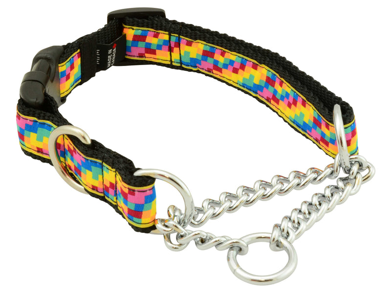 quick release, clip collar for safety, stainless steel chains, stainless d-ring, 1" wide, nylon webbing, unique patterns, brilliant designs, training collars, martingale collar, bright patterns, Canadian made, first nation inspired patterns
