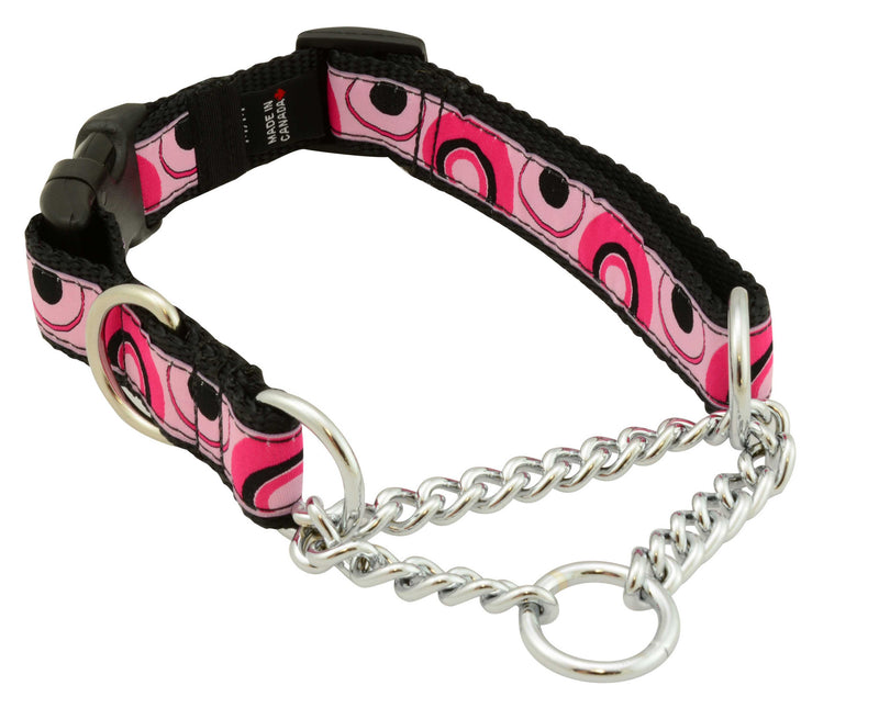 quick release, clip collar for safety, stainless steel chains, stainless d-ring, 1" wide, nylon webbing, unique patterns, brilliant designs, training collars, martingale collar, bright patterns, Canadian made, first nation inspired patterns