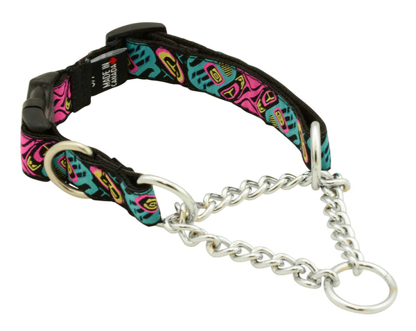 quick release, clip collar, stainless steel chains, stainless d-ring, 3/4" wide, nylon webbing, unique patterns, brilliant designs, training collars, martingale collar, bright patterns, Canadian made, first nation inspired patterns