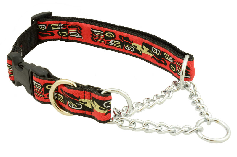 quick release, clip collar for safety, stainless steel chains, stainless d-ring, 1 1/4" wide, nylon webbing, unique patterns, brilliant designs, training collars, martingale collar, bright patterns, Canadian made, first nation inspired patterns