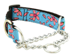 stainless steel chains, stainless d-ring, 1 1/4" wide, nylon webbing, unique patterns, brilliant designs, training collars, martingale collar, bright patterns, Canadian made, first nation inspired patterns