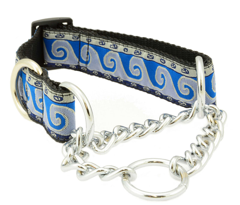 stainless steel chains, stainless d-ring, 1 1/4" wide, nylon webbing, unique patterns, brilliant designs, training collars, martingale collar, bright patterns, Canadian made, first nation inspired patterns